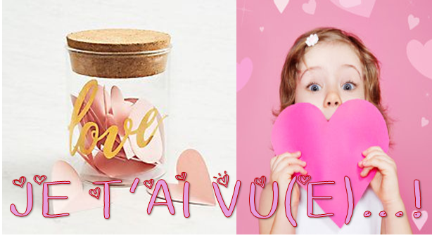 child peeking over heart + jar containing pink hearts