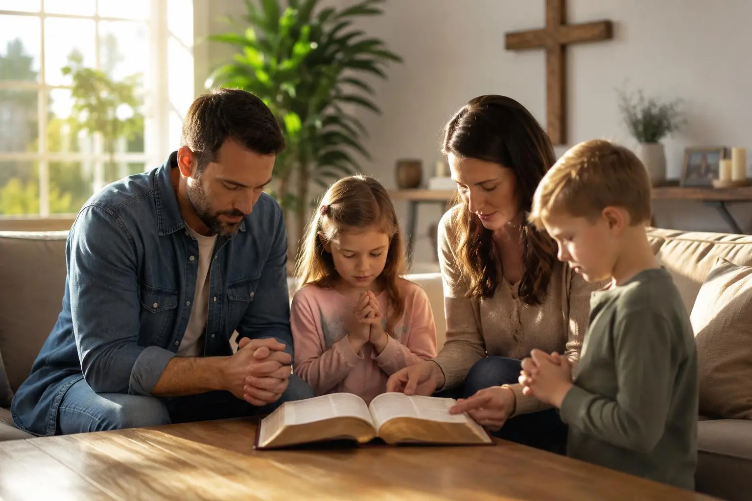 Une famille priant ensemble devant une Bible ouverte